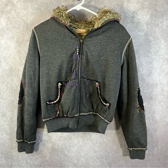 🔺SOLD🔺 Two Face Women’s Hooded Jacket M Gray Faux Fur Lined Stitch & Embroidered - Picture 1 of 14